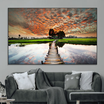 29105-MGV-CV-36X24-Rustic Wooden Bridge Wall Art – Scenic Sunset Over Rice Fields and Reflective Water Canvas Print, Nature Landscape Decor for
