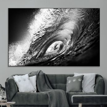 22702-MGV-CV-36X24-Black and White Ocean Wave Wall Art – Powerful Surf Curl Photography Canvas Print, Modern Coastal Decor for Living Room, Office or