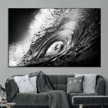 22702-MGV-CV-36X24-Black and White Ocean Wave Wall Art – Powerful Surf Curl Photography Canvas Print, Modern Coastal Decor for Living Room, Office or
