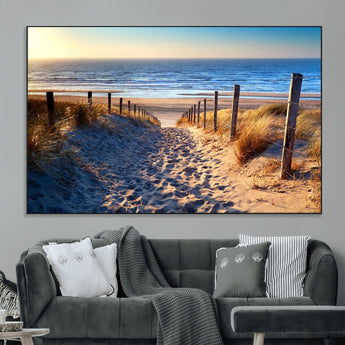 31889-MGV-CV-36X24-Sandy Beach Pathway Wall Art – Coastal Dune Fence and Ocean View Canvas Print, Relaxing Seaside Landscape Decor for Living Room or
