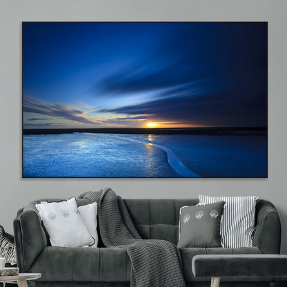 65405-MGV-CV-36X24-Blue Sunrise Seascape Wall Art – Tranquil Ocean Horizon Canvas Print with Golden Sunlight and Deep Sky, Coastal Landscape Decor