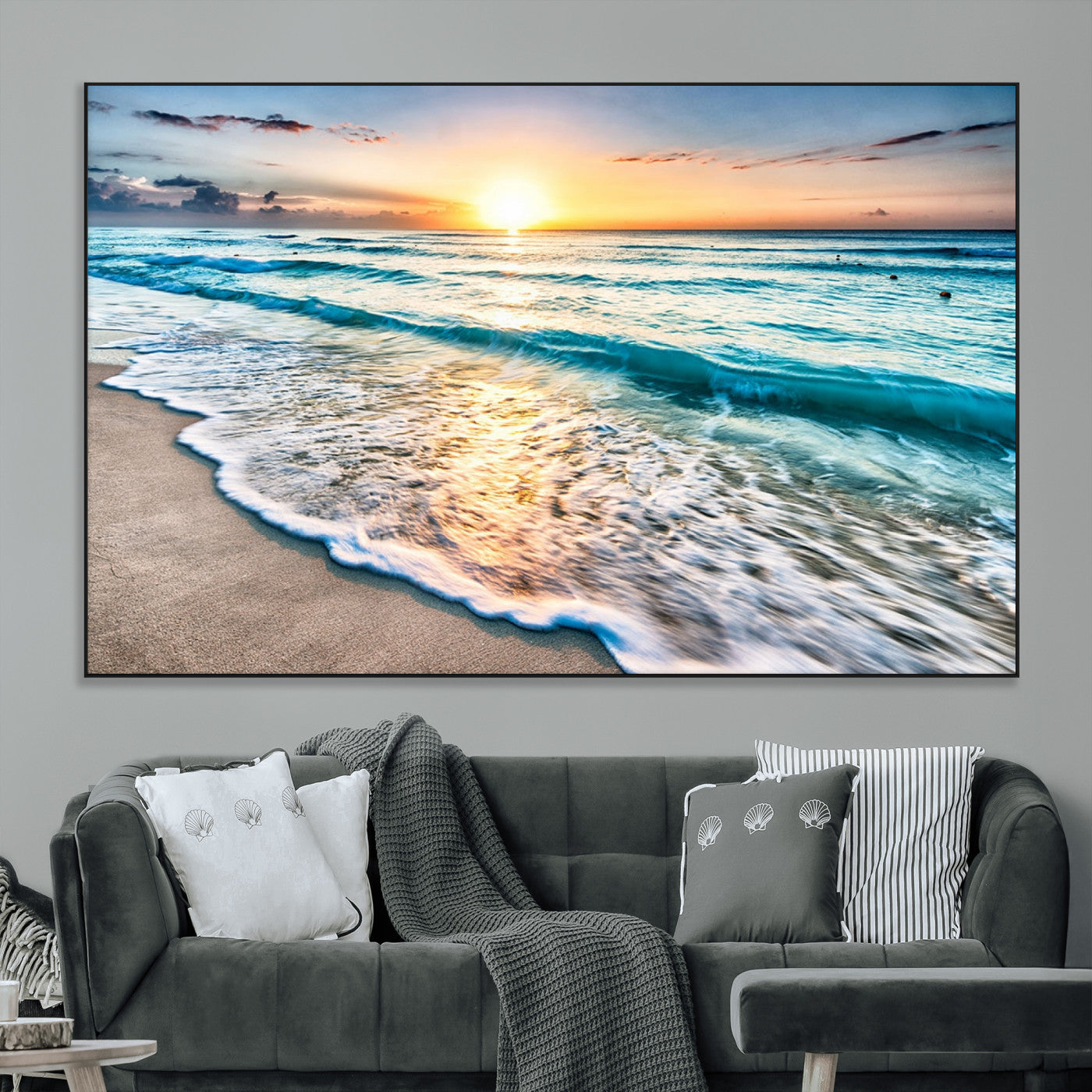 27815-MGV-CV-36X24-Ocean Sunrise Beach Wall Art – Serene Coastal Canvas Print with Waves and Golden Morning Light, Relaxing Seascape Decor for