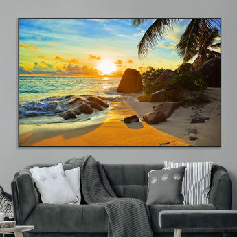 26181-MGV-CV-36X24-Golden Tropical Sunset Beach Wall Art – Ocean Canvas Print with Palm Trees and Rocks, Coastal Paradise Decor for Living Room or