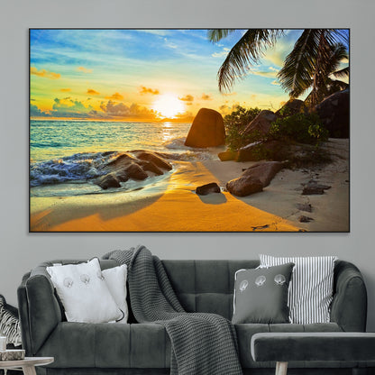 26181-MGV-CV-36X24-Golden Tropical Sunset Beach Wall Art – Ocean Canvas Print with Palm Trees and Rocks, Coastal Paradise Decor for Living Room or