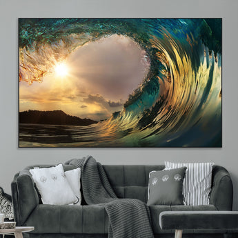 38256-MGV-CV-36X24-Ocean Wave Wall Art – Stunning Sunrise Through Curling Wave Canvas Print, Coastal Surf Photography Seascape Decor for Living Room,