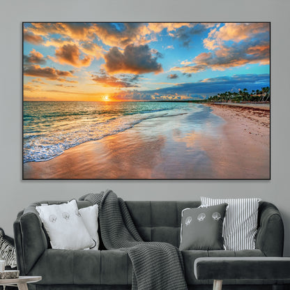 41572-MGV-CV-36X24-Sunset Beach Wall Art – Ocean Waves and Palm Trees Canvas Print, Tropical Coastal Sunset Seascape Decor for Living Room, Bedroom