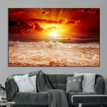 60211-MGV-CV-36X24-Fiery Sunset Ocean Wall Art – Red Sky Seascape Canvas Print with Waves, Bold Coastal Sunset Decor for Living Room or Bedroom