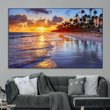 19917-MGV-CV-36X24-Tropical Sunset Beach Wall Art – Panoramic Palm Trees and Ocean Canvas Print, Vibrant Coastal Decor for Living Room, Office or Man