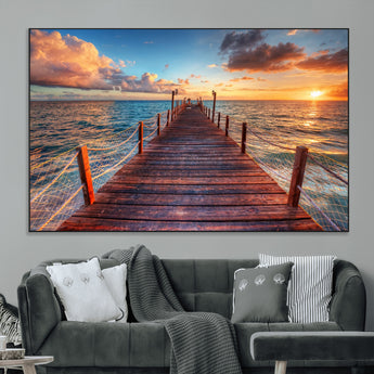 28836-MGV-CV-36X24-Ocean Pier Sunset Wall Art – Wooden Dock and Golden Horizon Canvas Print, Coastal Seascape Photography for Living Room, Bedroom,