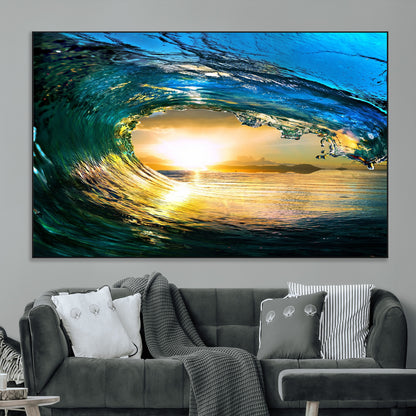 19378-MGV-CV-36X24-Ocean Wave Sunset Wall Art – Vibrant Surf and Golden Horizon Canvas Print, Coastal Seascape Photography for Living Room, Bedroom,