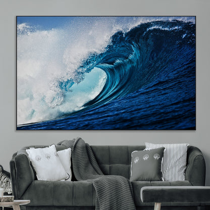 89502-MGV-CV-36X24-Powerful Ocean Wave Wall Art – Panoramic Blue Sea Wave Canvas Print, Coastal Surf Photography Artwork for Living Room, Bedroom, or