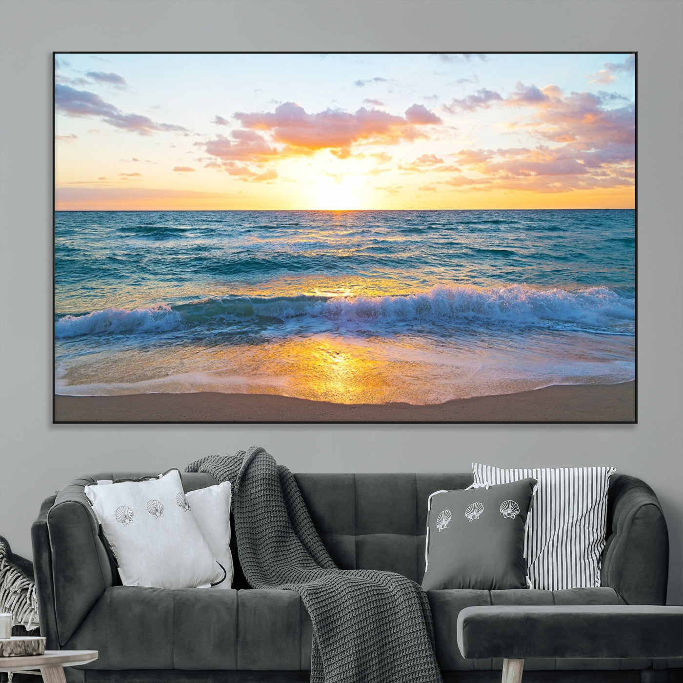 78006-MGV-CV-36X24-Golden Sunrise Ocean Wall Art – Panoramic Beach Waves Canvas Print, Coastal Seascape Artwork for Living Room, Bedroom, Office, or