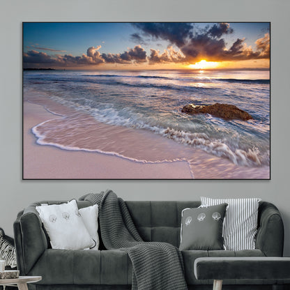 94906-MGV-CV-36X24-Sunrise Beach Wall Art – Panoramic Ocean Waves Canvas Print, Coastal Sunset Seascape Artwork for Living Room, Bedroom, or Office