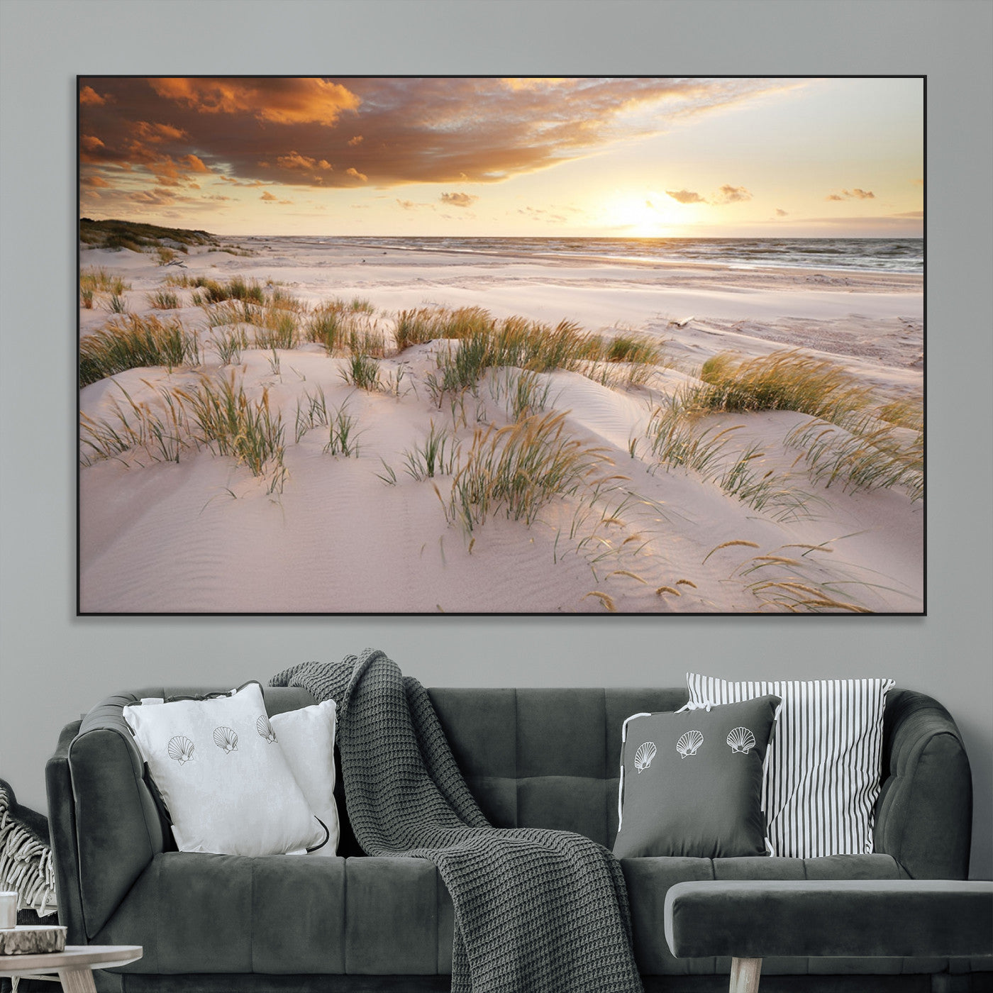 61246-MGV-CV-36X24-Coastal Sand Dunes Wall Art – Serene Beach Sunset Canvas Print with Grasses and Ocean View, Tranquil Seaside Decor for Living Room