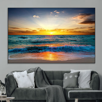 50627-MGV-CV-36X24-Ocean Sunset Wall Art – Serene Beach Canvas Print with Waves and Golden Sky, Coastal Decor for Living Room or Office