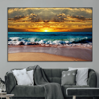 83389-MGV-CV-36X24-Ocean Sunrise Wall Art – Vibrant Beach Waves Canvas Print, Coastal Seascape Decor for Living Room or Office