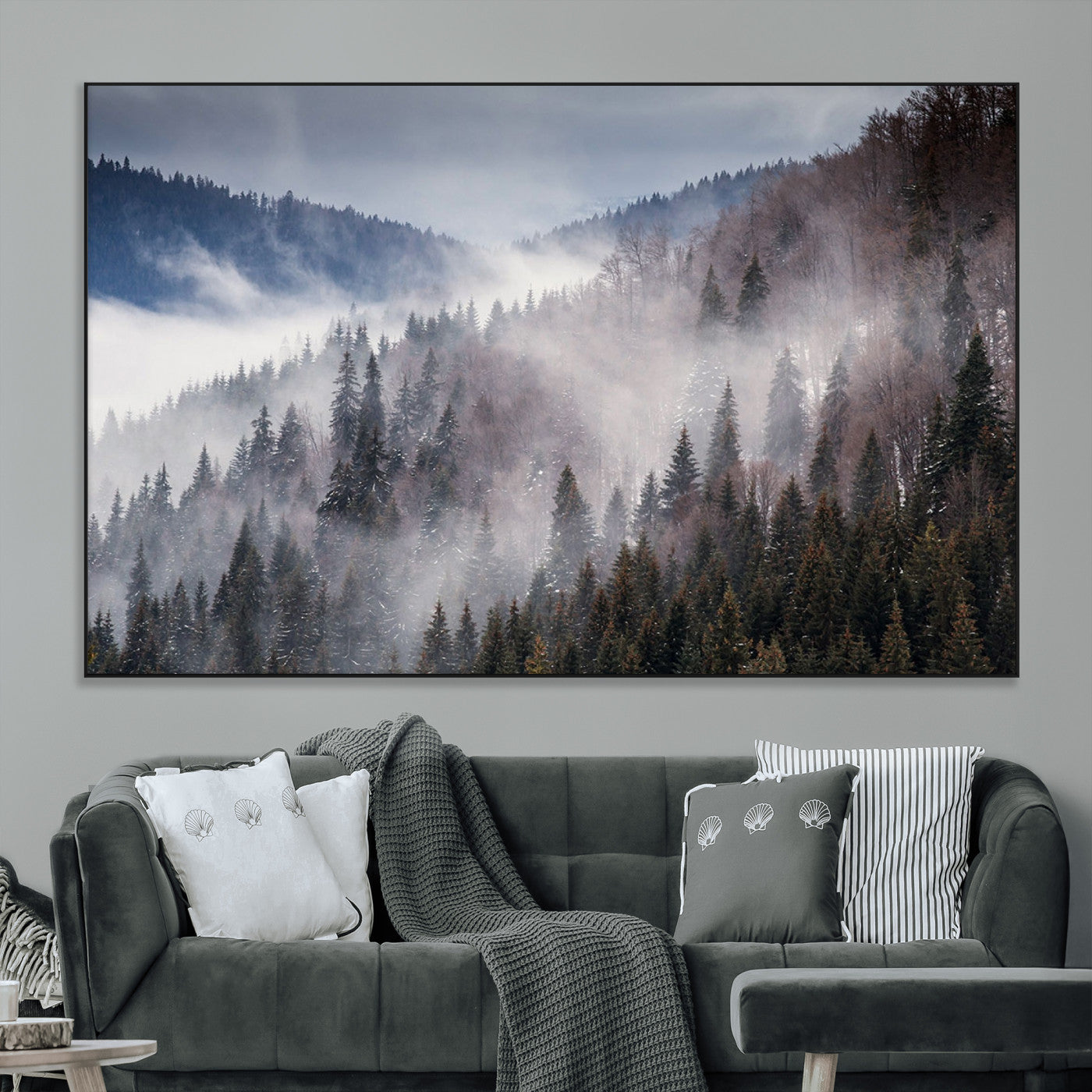 18459-MGV-CV-36X24-Misty Pine Forest Wall Art – Serene Mountain Landscape Canvas Print, Tranquil Nature Artwork for Living Room, Bedroom, Cabin or