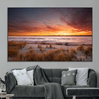 90176-MGV-CV-36X24-Beach Sunset Wall Art – Coastal Sand Dune Canvas Print with Ocean Waves and Dramatic Sky, Seaside Landscape Decor for Living Room