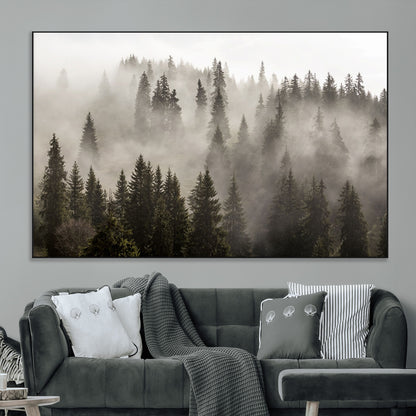 62862-MGV-CV-36X24-Misty Forest Wall Art – Tranquil Pine Tree Canvas Print with Mountain Fog, Nature Landscape Artwork for Living Room, Bedroom, or
