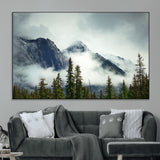 93219-MGV-CV-36X24-Misty Mountain Wall Art – Foggy Pines and Rocky Peaks Canvas Print, Nature Landscape Decor for Living Room, Office or Bedroom