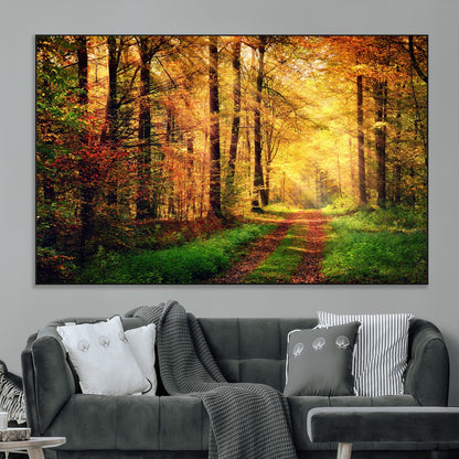 73494-MGV-CV-36X24-Golden Autumn Forest Path Wall Art – Sunlit Woodland Canvas Print, Fall Nature Landscape Home Decor