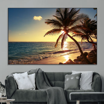 82710-MGV-CV-36X24-Palm Tree Sunset Beach Wall Art – Tropical Ocean Canvas Print, Coastal Paradise Seascape Decor for Living Room or Office Wall