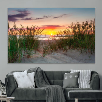25576-MGV-CV-36X24-Beach Grass Sunset Wall Art – Coastal Sand Dune Landscape Canvas Print, Ocean View Nature Decor for Living Room or Office Wall