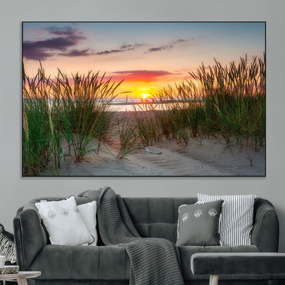 25576-MGV-CV-36X24-Beach Grass Sunset Wall Art – Coastal Sand Dune Landscape Canvas Print, Ocean View Nature Decor for Living Room or Office Wall