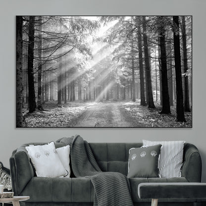 39665-MGV-CV-36X24-Black and White Forest Path Wall Art – Sunlight Rays in Trees Canvas Print, Nature Landscape Decor for Living Room or Office