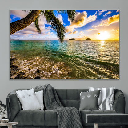 68606-MGV-CV-36X24-Tropical Palm Tree Ocean Wall Art – Sunset Beach Seascape Print, Coastal Paradise Decor for Living Room or Office