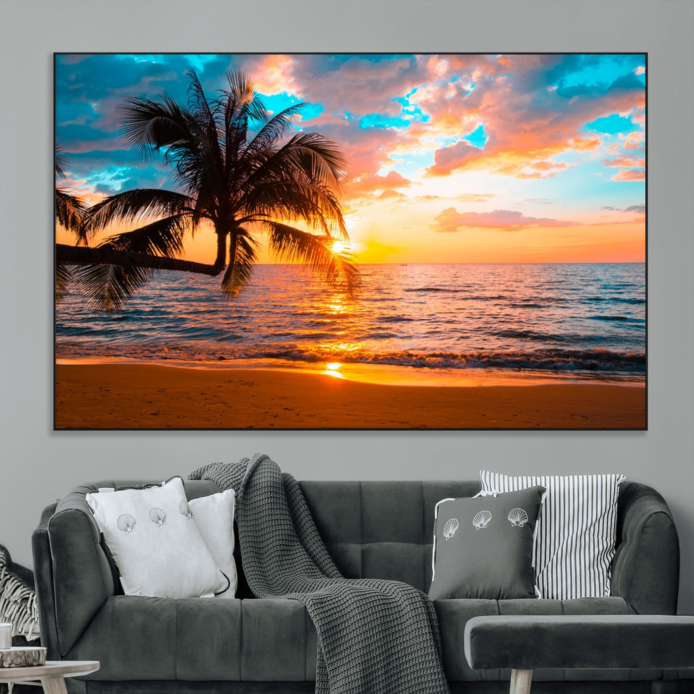 34674-MGV-CV-36X24-Tropical Sunset Beach Wall Art – Palm Tree Ocean Canvas Print, Coastal Seascape Decor for Living Room or Office Wall