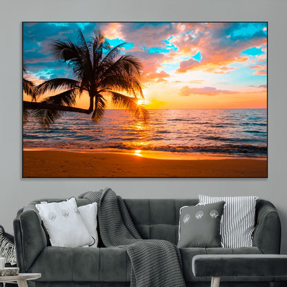 34674-MGV-CV-36X24-Tropical Sunset Beach Wall Art – Palm Tree Ocean Canvas Print, Coastal Seascape Decor for Living Room or Office Wall