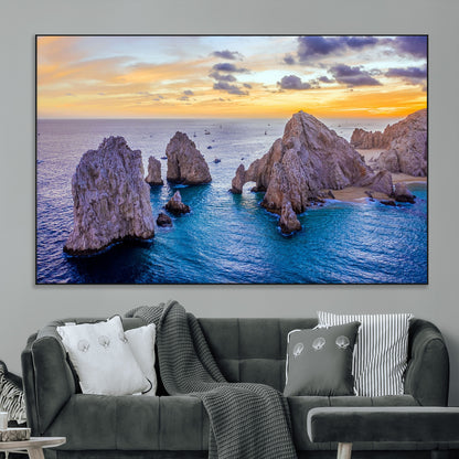 72955-MGV-CV-36X24-Ocean Rock Formation Wall Art – Sunset Coastal Seascape Print, Beach Landscape Decor for Living Room or Office