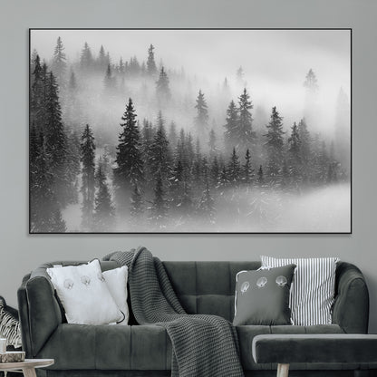 57235-MGV-CV-36X24-Misty Pine Forest Wall Art – Black and White Mountain Landscape Canvas Print, Nature Woodland Decor for Living Room, Bedroom or