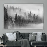 57235-MGV-CV-36X24-Misty Pine Forest Wall Art – Black and White Mountain Landscape Canvas Print, Nature Woodland Decor for Living Room, Bedroom or