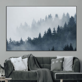 23671-MGV-CV-36X24-Misty Forest Wall Art – Serene Foggy Pine Trees Landscape Canvas Print, Tranquil Nature Decor for Living Room, Bedroom or Office