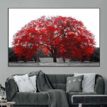 80021-MGV-CV-36X24-Red Tree Wall Art – Striking Black and White Landscape Canvas Print with Vibrant Red Leaves, Modern Nature Decor for Living Room