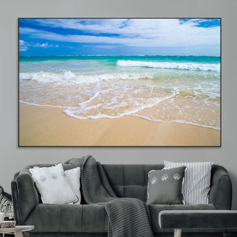 20660-MGV-CV-36X24-Ocean Wave Beach Wall Art – Serene Blue Sea and Sandy Shore Canvas Print, Coastal Landscape Photography Decor for Living Room or
