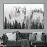10422-MGV-CV-36X24-Misty Pine Forest Wall Art – Black and White Foggy Landscape Canvas Print, Serene Nature Woodland Decor for Bedroom, Office or
