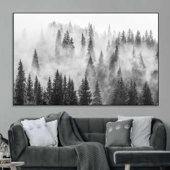 10422-MGV-CV-36X24-Misty Pine Forest Wall Art – Black and White Foggy Landscape Canvas Print, Serene Nature Woodland Decor for Bedroom, Office or