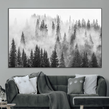 10422-MGV-CV-36X24-Misty Pine Forest Wall Art – Black and White Foggy Landscape Canvas Print, Serene Nature Woodland Decor for Bedroom, Office or