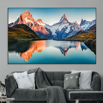 88453-MGV-CV-36X24-Mountain Lake Wall Art – Snow-Capped Peaks Reflected in Alpine Water Canvas Print, Nature Landscape Wall Decor for Living Room or