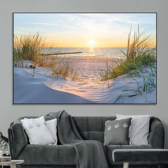 48907-MGV-CV-36X24-Beach Sunset Wall Art – Coastal Sand Dunes and Ocean View Canvas Print, Serene Seaside Landscape Painting for Living Room, Bedroom