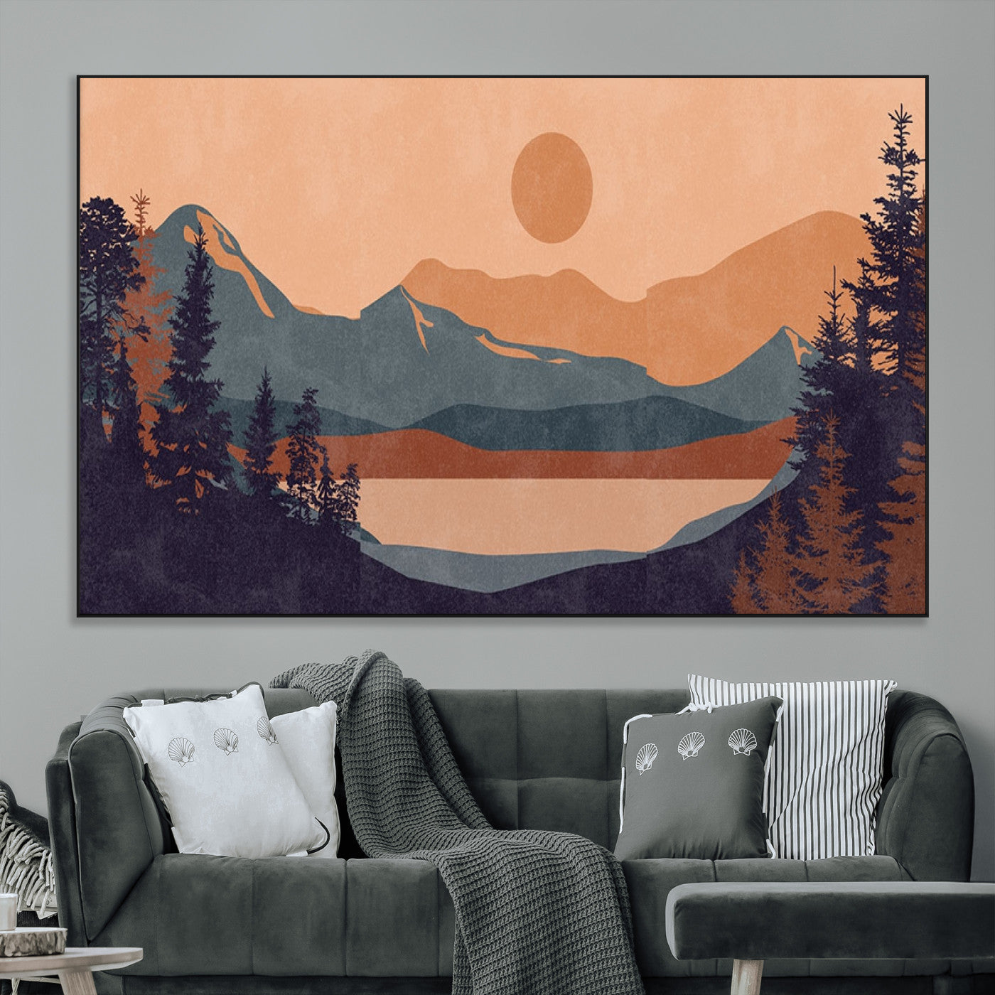 62795-MGV-CV-36X24-Minimalist Mountain Landscape Wall Art – Abstract Sunset Over Peaks and Pine Trees Canvas Print, Modern Nature Decor for Living