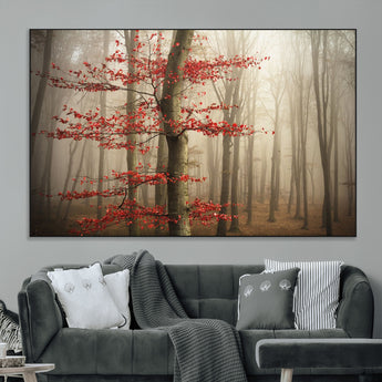 61855-MGV-CV-36X24-Misty Forest Wall Art – Red Tree with Autumn Leaves Canvas Print, Moody Woodland Nature Decor for Living Room, Bedroom, or Office