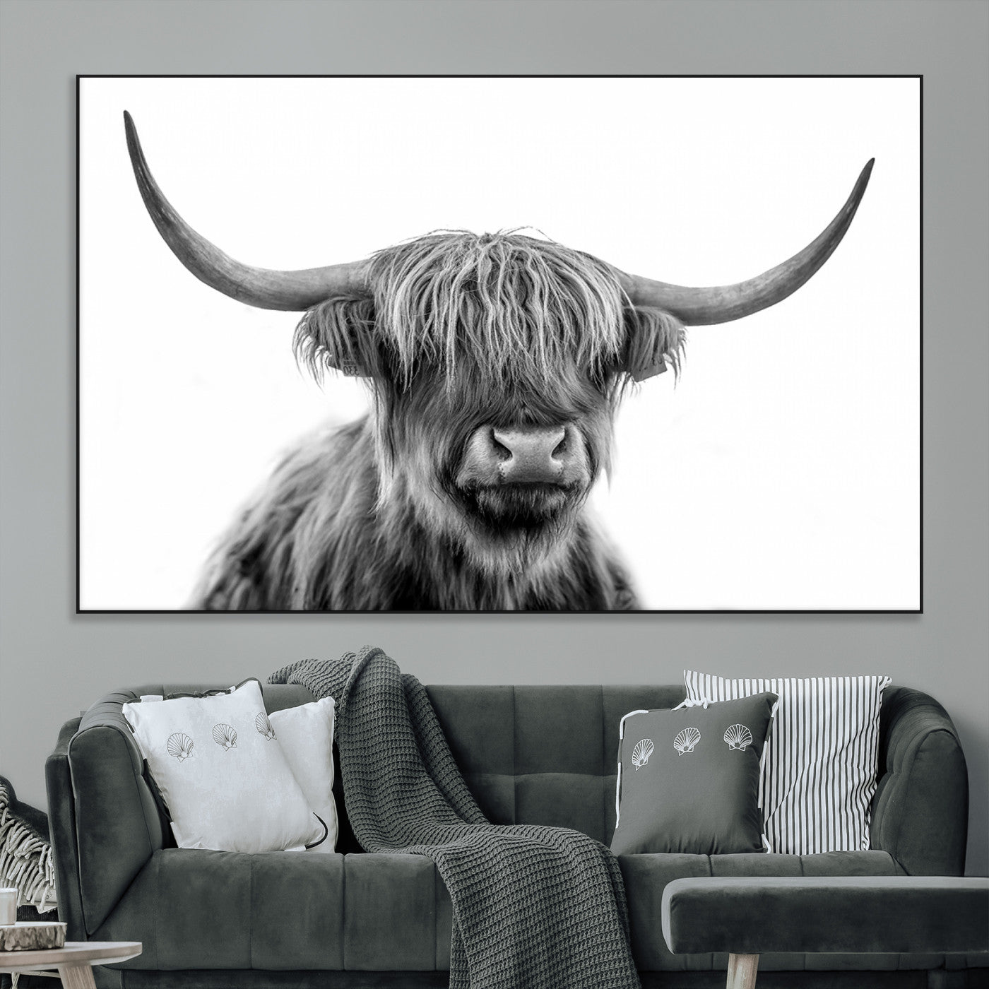 10123-MGV-CV-36X24-Black and White Highland Cow Wall Art – Modern Farmhouse Animal Print, Rustic Scottish Bull Canvas Decor for Living Room, Bedroom,