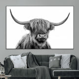 10123-MGV-CV-36X24-Black and White Highland Cow Wall Art – Modern Farmhouse Animal Print, Rustic Scottish Bull Canvas Decor for Living Room, Bedroom,