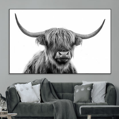 10123-MGV-CV-36X24-Black and White Highland Cow Wall Art – Modern Farmhouse Animal Print, Rustic Scottish Bull Canvas Decor for Living Room, Bedroom,