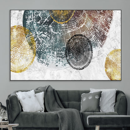 70653-MGV-CV-36X24-Abstract Tree Ring Wall Art – Modern Rustic Wood Slice Canvas Print with Gold Accents, Contemporary Nature Decor for Living Room,