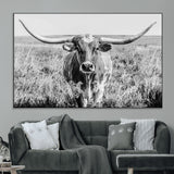 77320-MGV-CV-36X24-Texas Longhorn Wall Art – Black and White Western Cattle Canvas Print, Rustic Farmhouse Animal Photography Decor for Living Room,